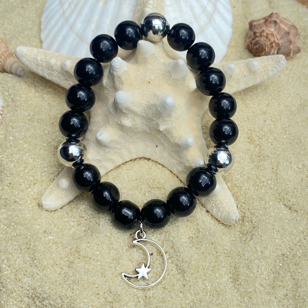 Beaded bracelet - black obsidian and silver tone beads with moon/star charm